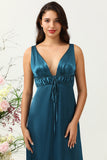 Ink Blue A Line Deep V Neck Satin Long Bridesmaid Dress