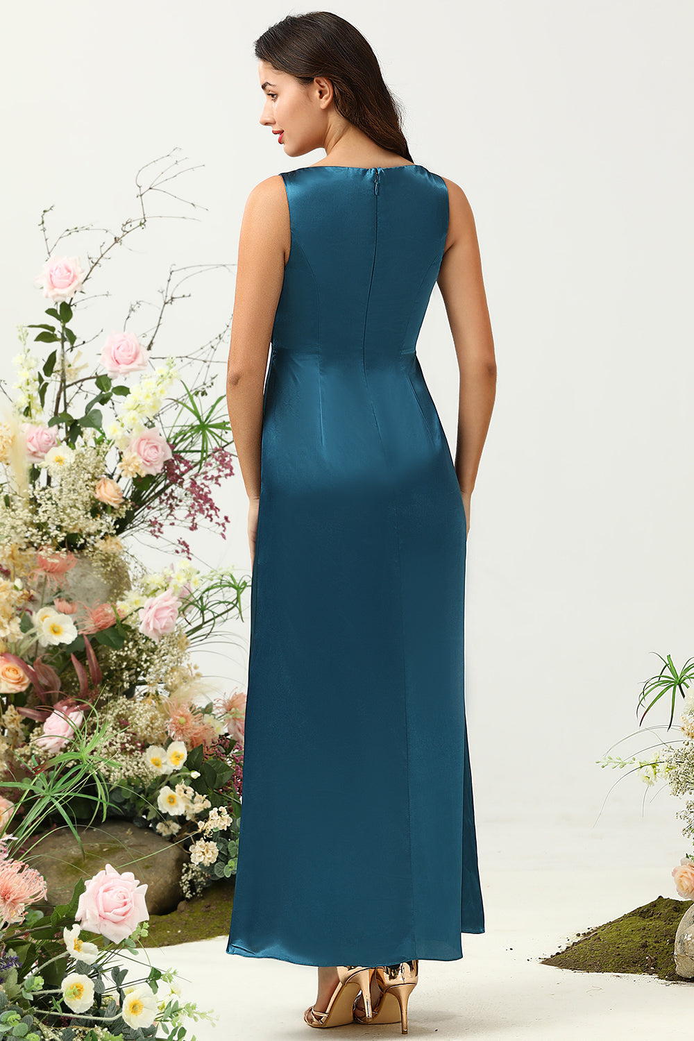 Ink Blue A Line Deep V Neck Satin Long Bridesmaid Dress
