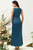 Ink Blue A Line Deep V Neck Satin Long Bridesmaid Dress