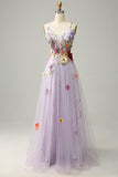 A Line Deep V Neck Lavender Long Ball Dress with Appliques