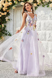 A Line Deep V Neck Lavender Long Ball Dress with Open Back