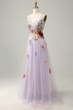 A Line Deep V Neck Lavender Long Ball Dress with Appliques