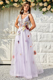 A Line Deep V Neck Lavender Long Ball Dress with Open Back