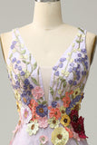 A Line Deep V Neck Lavender Long Ball Dress with Appliques
