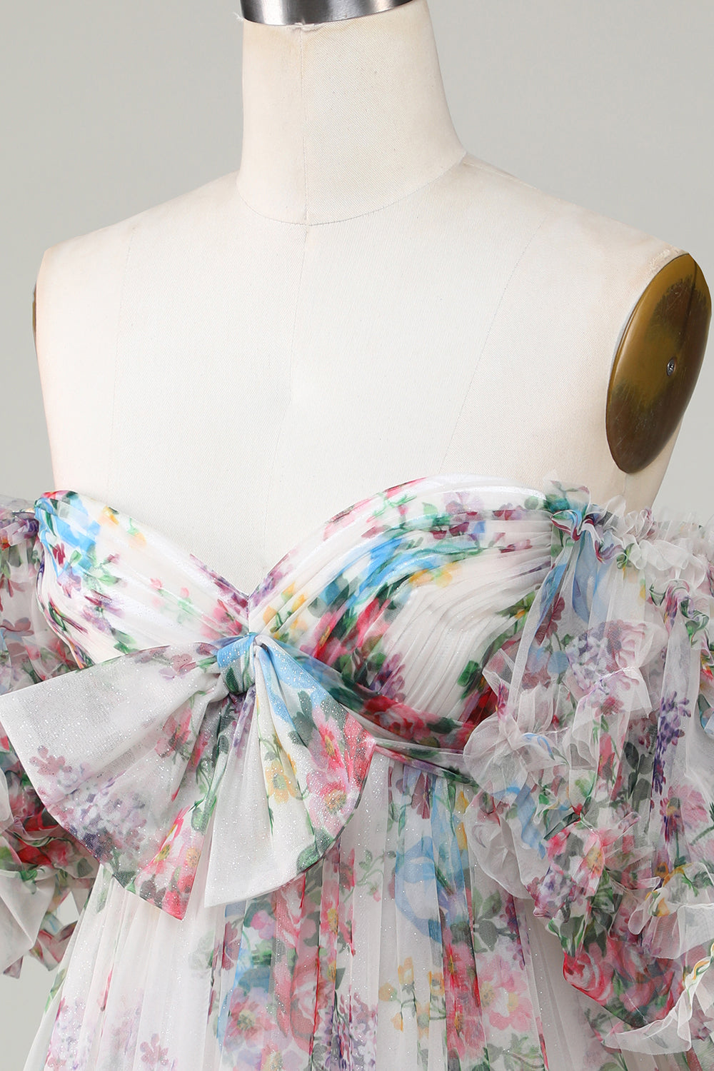 Ivory Floral Printed A-Line Puff Sleeves Short Tulle Cocktail Dress