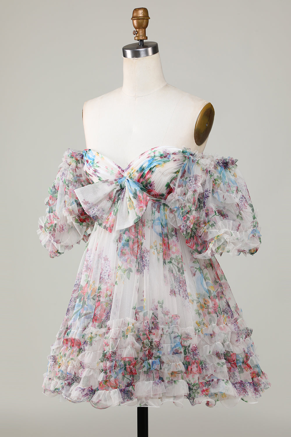 Ivory Floral Printed A-Line Puff Sleeves Short Tulle Cocktail Dress