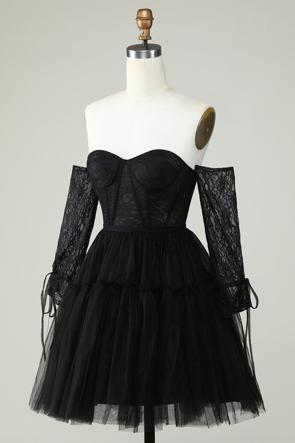 A Line Off the Shoulder Black Corset Cocktail Dress with Long Sleeves