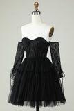 A Line Off the Shoulder Black Corset Cocktail Dress with Long Sleeves