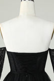 A Line Off the Shoulder Black Corset Cocktail Dress with Long Sleeves