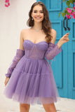 Purple A-Line Corset Detachable Cocktail Dress with Long Sleeves