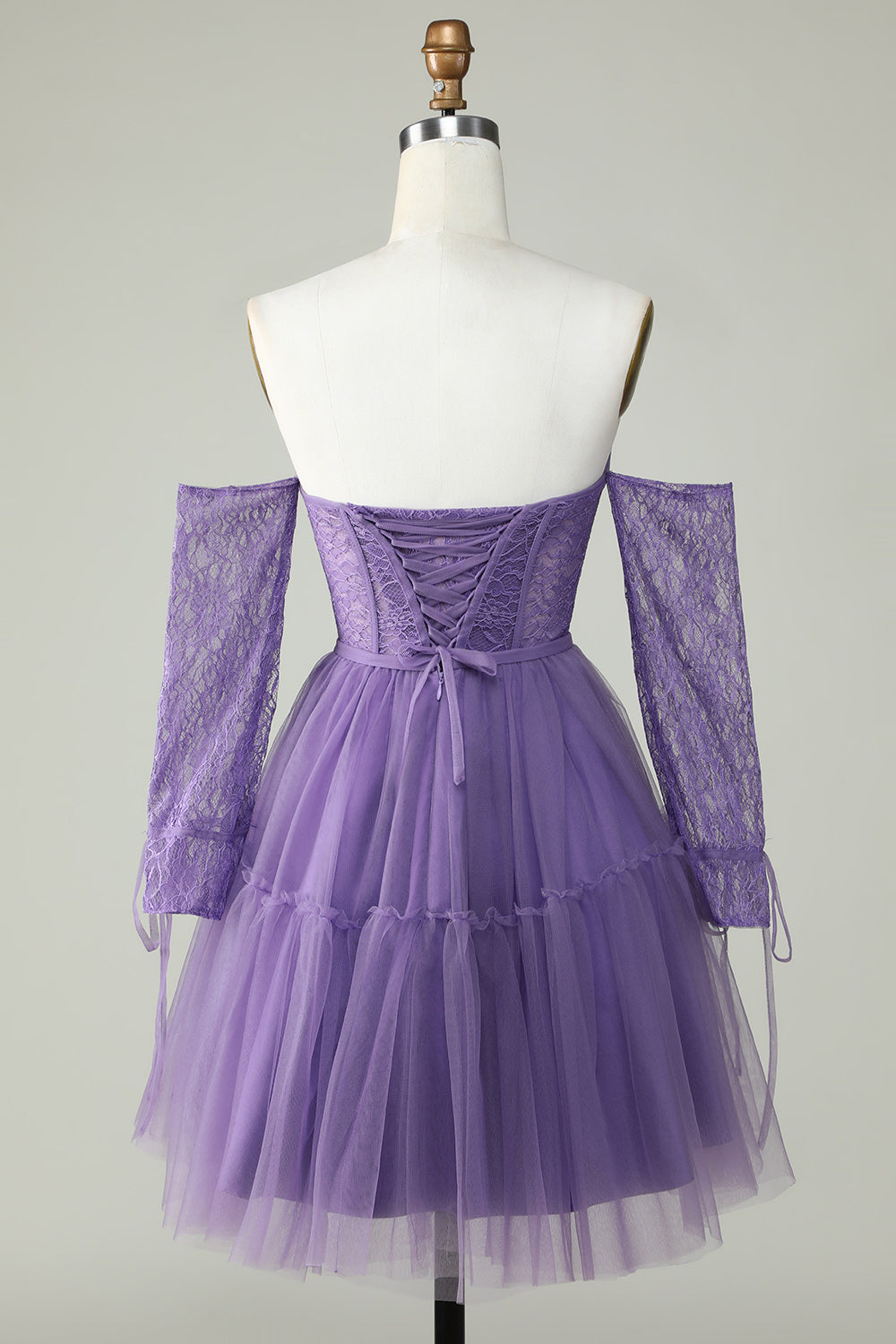 A Line Off the Shoulder Purple Corset Cocktail Dress with Long Sleeves