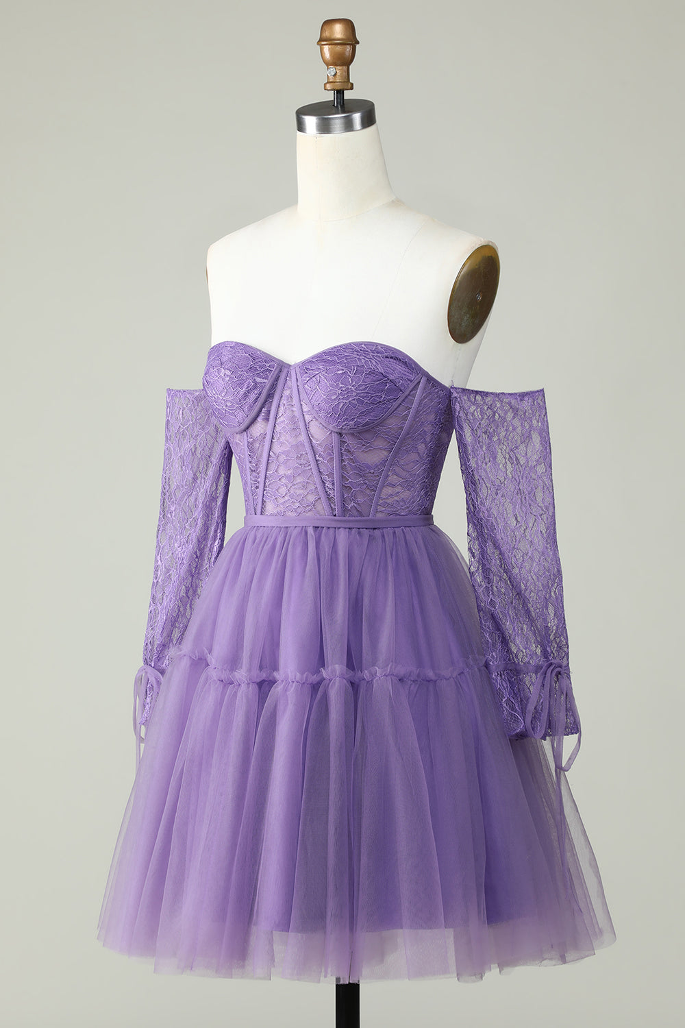 A Line Off the Shoulder Purple Corset Cocktail Dress with Long Sleeves