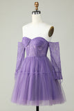 A Line Off the Shoulder Purple Corset Cocktail Dress with Long Sleeves