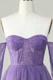A Line Off the Shoulder Purple Corset Cocktail Dress with Long Sleeves