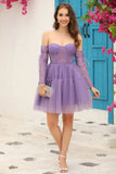 Purple A-Line Corset Detachable Cocktail Dress with Long Sleeves