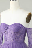 A Line Off the Shoulder Purple Corset Cocktail Dress with Long Sleeves
