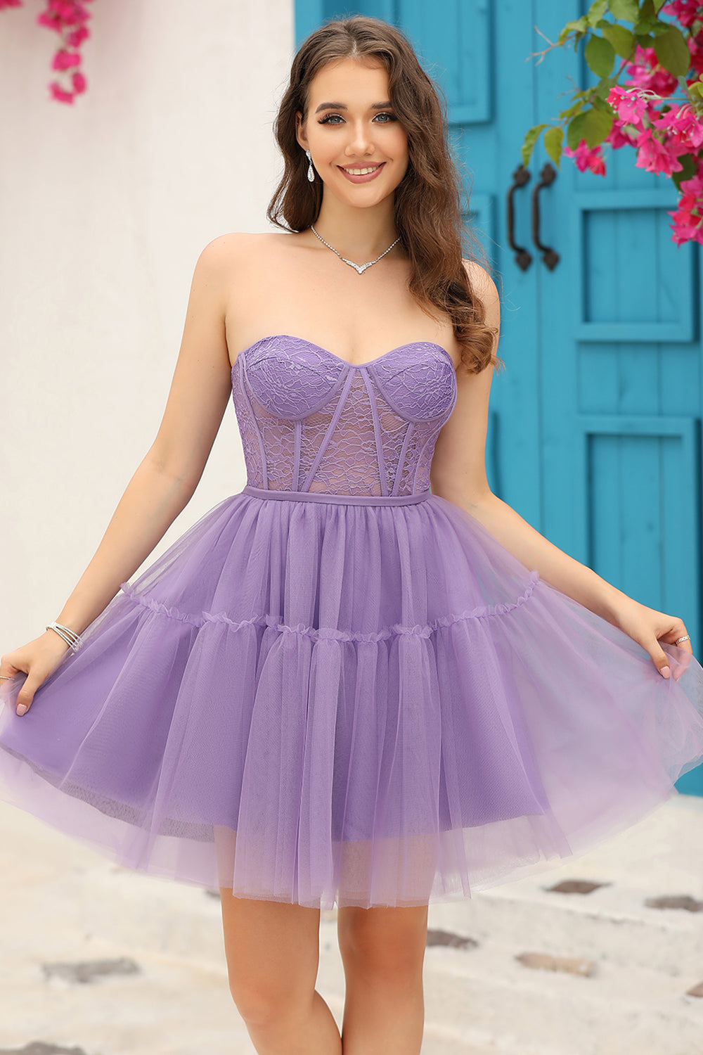 Purple A-Line Corset Detachable Cocktail Dress with Long Sleeves