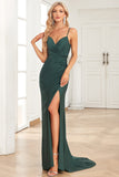 Mermaid Spaghetti Straps Dark Green Long Ball Dress with Beading