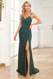 Mermaid Spaghetti Straps Dark Green Long Ball Dress with Beading
