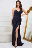 Mermaid Spaghetti Straps Navy Long Ball Dress with Beading
