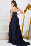 Mermaid Spaghetti Straps Navy Long Ball Dress with Beading