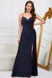 Mermaid Spaghetti Straps Navy Long Ball Dress with Beading