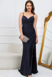 Mermaid Spaghetti Straps Navy Long Ball Dress with Beading