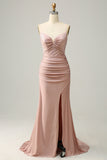 Mermaid Spaghetti Straps Blush Long Ball Dress with Beading