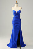Mermaid Spaghetti Straps Royal Blue Long Ball Dress with Beading