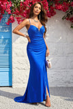 Mermaid Spaghetti Straps Royal Blue Long Ball Dress with Split Front
