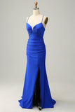 Mermaid Spaghetti Straps Royal Blue Long Ball Dress with Beading