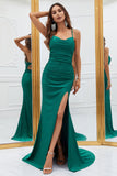 Mermaid Spaghetti Straps Dark Green Long Ball Dress with Criss Cross Back