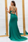 Mermaid Spaghetti Straps Dark Green Long Ball Dress with Criss Cross Back