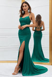 Mermaid Spaghetti Straps Dark Green Long Ball Dress with Criss Cross Back