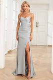 Mermaid Spaghetti Straps Grey Long Ball Dress with Criss Cross Back