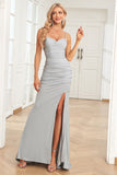 Mermaid Spaghetti Straps Grey Long Ball Dress with Criss Cross Back