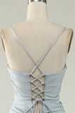 Mermaid Spaghetti Straps Grey Plus Size Ball Dress with Criss Cross Back