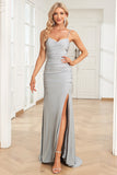 Mermaid Spaghetti Straps Grey Long Ball Dress with Criss Cross Back