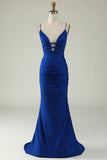 Mermaid Spaghetti Straps Royal Blue Plus Size Ball Dress with Criss Cross Back