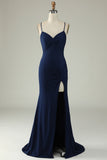 Mermaid Spaghetti Straps Navy Plus Size Ball Dress with Split Front