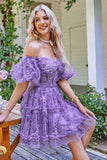Off the Shoulder A Line Printed Cute Short Ball Dress
