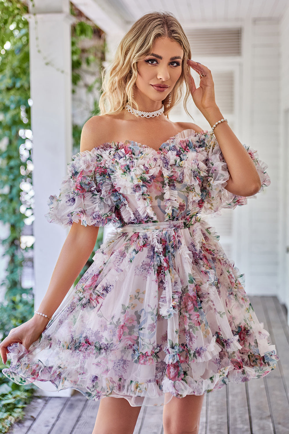 A Line Off the Shoulder Ivory Red Flower Printed Cute Cocktail Dress