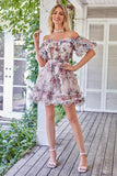 A Line Off the Shoulder Ivory Red Flower Printed Cute Cocktail Dress
