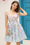 Blue Corset A-Line Short Cocktail Dress with 3D Flowers