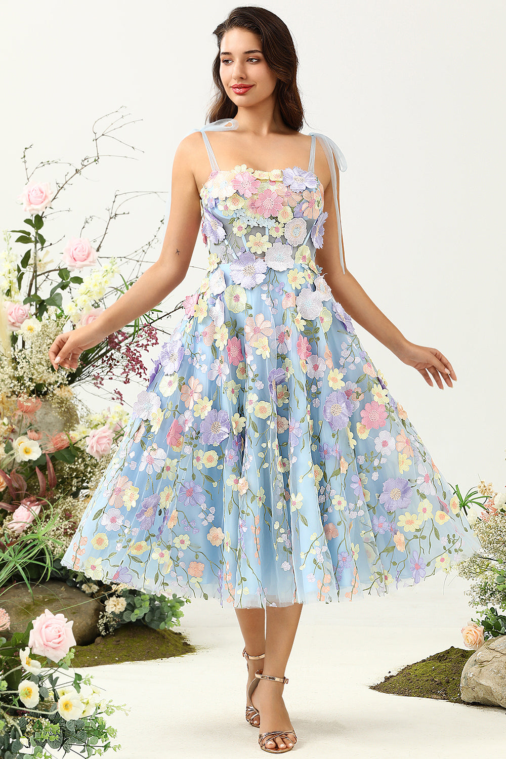 Cute A Line Spaghetti Straps Blue Tea Length Ball Dress with 3D Flowers