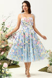 Cute A Line Spaghetti Straps Blue Tea Length Ball Dress with 3D Flowers