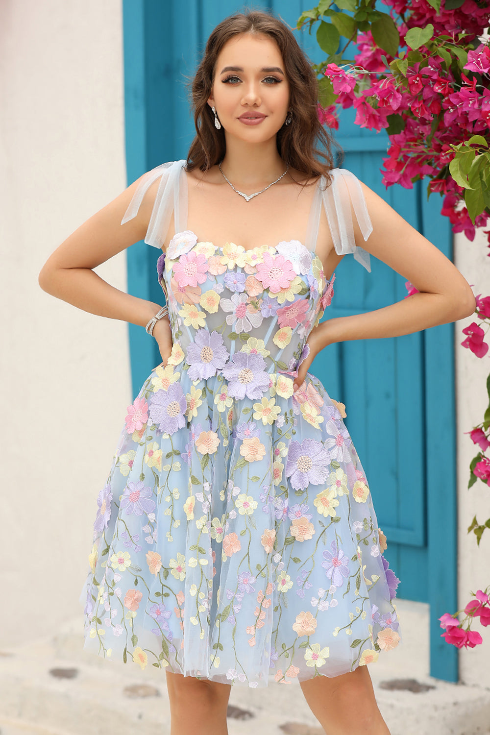 Blue Corset A-Line Short Cocktail Dress with 3D Flowers