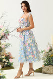 Cute A Line Spaghetti Straps Blue Tea Length Ball Dress with 3D Flowers
