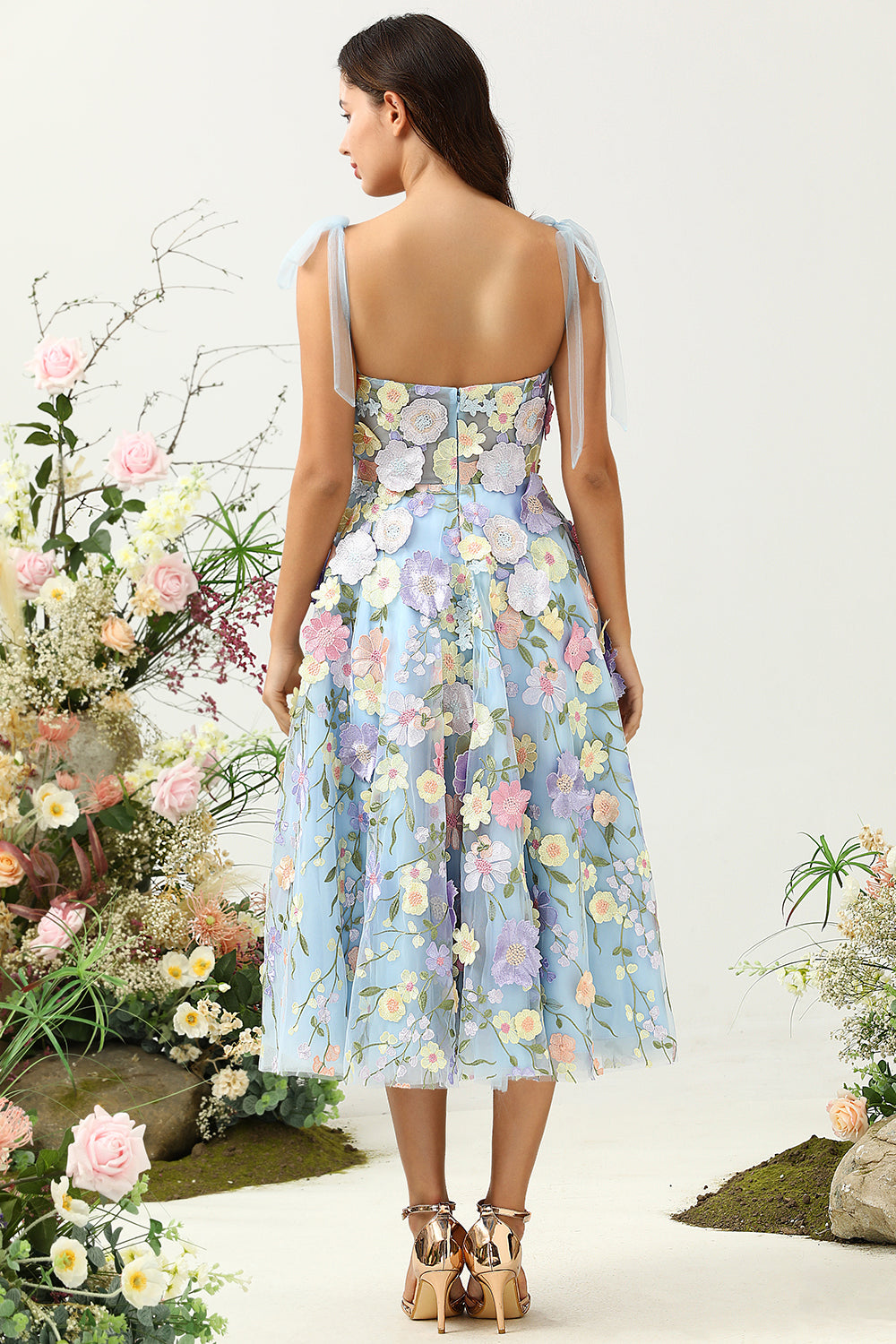 Cute A Line Spaghetti Straps Blue Tea Length Ball Dress with 3D Flowers
