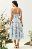 Cute A Line Spaghetti Straps Blue Tea Length Ball Dress with 3D Flowers